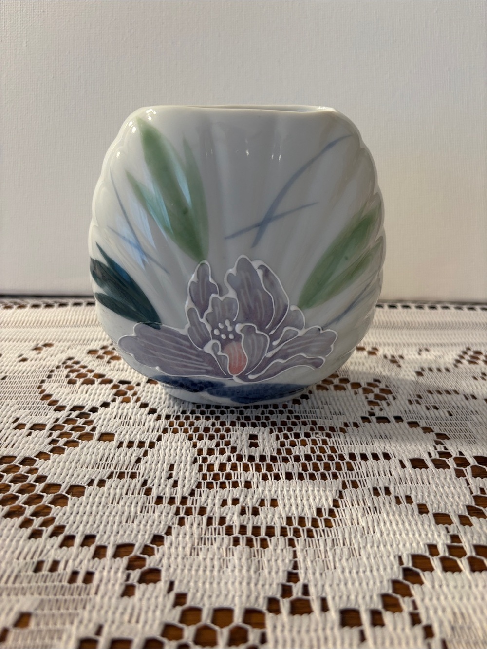 Hand-Painted Floral Ceramic Vase - White with Green & Purple Accents